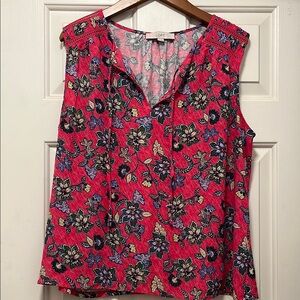 LOFT Sleeveless Mixed Media Top with V-Neck and Floral Design